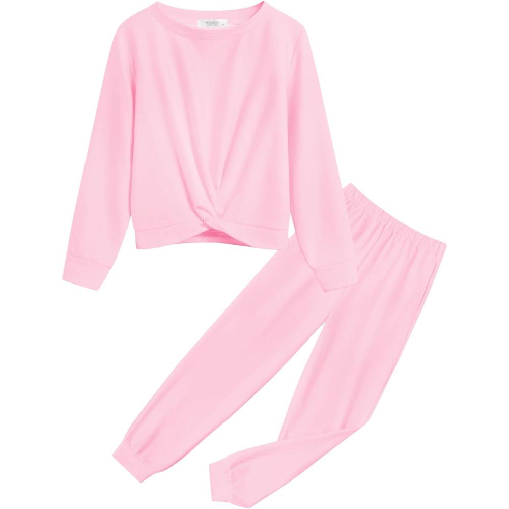 imageArshiner Girls 2 Piece Outfits Fashion Twist Front Tracksuit Long Sleeve Pullover Sweatshirt Sweatpants Jogger set SweatsuitLight Pink