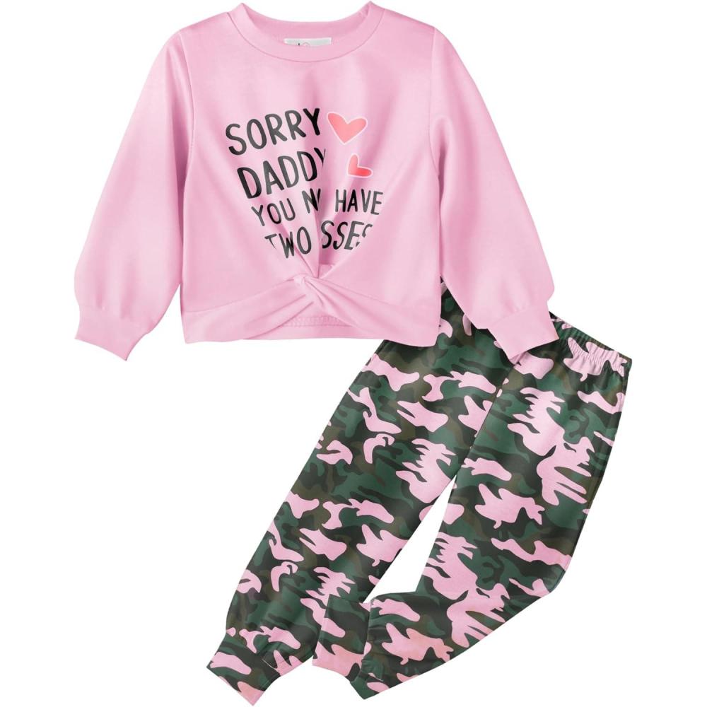 imageArshiner Girls 2 Piece Outfits Fashion Twist Front Tracksuit Long Sleeve Pullover Sweatshirt Sweatpants Jogger set SweatsuitLight Pinkcamo