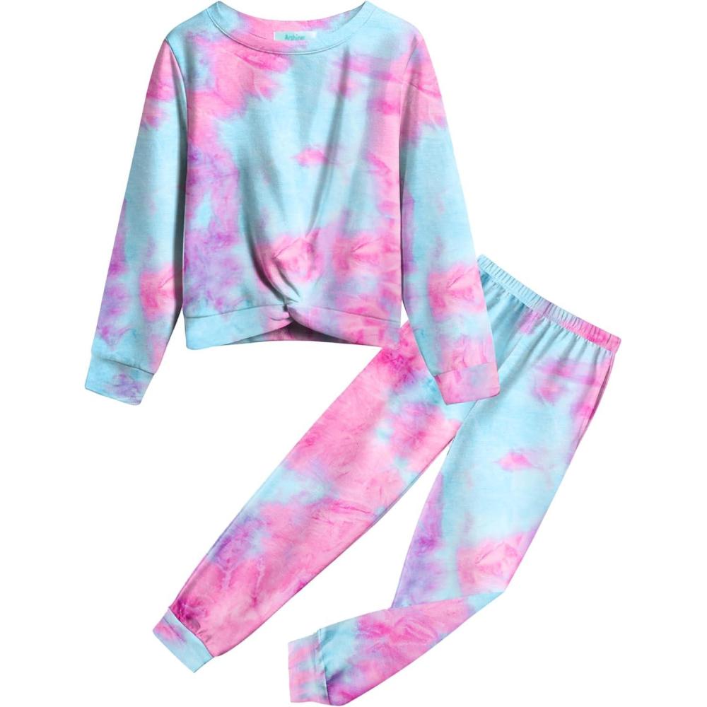 imageArshiner Girls 2 Piece Outfits Fashion Twist Front Tracksuit Long Sleeve Pullover Sweatshirt Sweatpants Jogger set SweatsuitPink Tie Dye