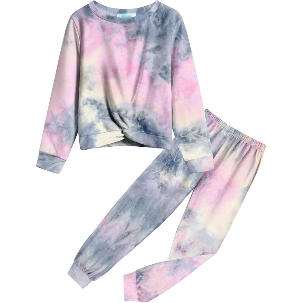 imageArshiner Girls 2 Piece Outfits Fashion Twist Front Tracksuit Long Sleeve Pullover Sweatshirt Sweatpants Jogger set SweatsuitPurple Tie Dye
