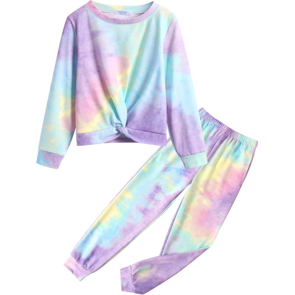 imageArshiner Girls 2 Piece Outfits Fashion Twist Front Tracksuit Long Sleeve Pullover Sweatshirt Sweatpants Jogger set SweatsuitPurpleblueyellow