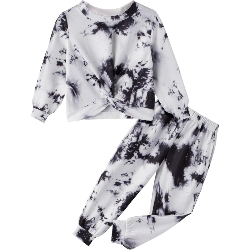 imageArshiner Girls 2 Piece Outfits Fashion Twist Front Tracksuit Long Sleeve Pullover Sweatshirt Sweatpants Jogger set SweatsuitTie Dyeblack White