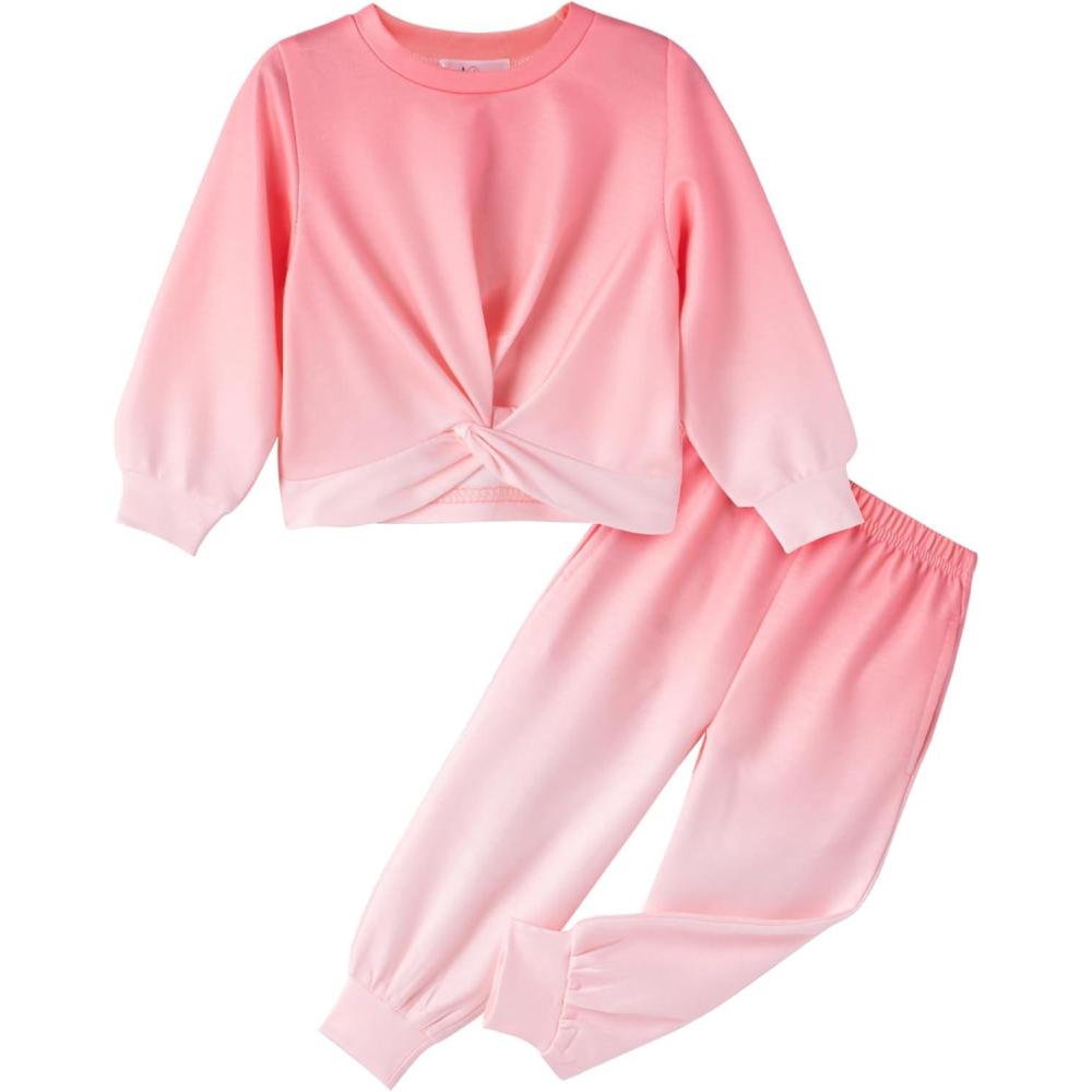 imageArshiner Girls 2 Piece Outfits Fashion Twist Front Tracksuit Long Sleeve Pullover Sweatshirt Sweatpants Jogger set SweatsuitTie Dyepink White