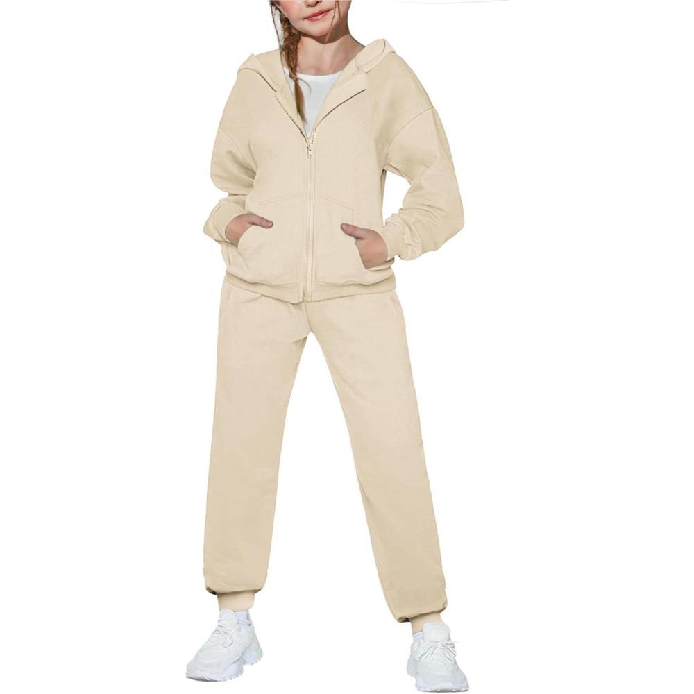 imageArshiner Girls 2 Piece Outfits Jogger Sets Zip Up Hoodie Sweatshirts and Sweatpants with Pockets Tracksuits SweatsuitsKhaki