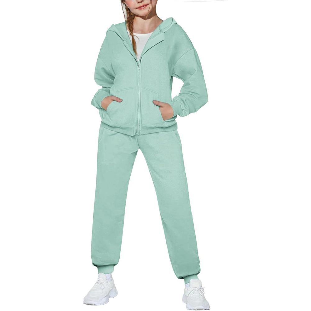 imageArshiner Girls 2 Piece Outfits Jogger Sets Zip Up Hoodie Sweatshirts and Sweatpants with Pockets Tracksuits SweatsuitsLight Green