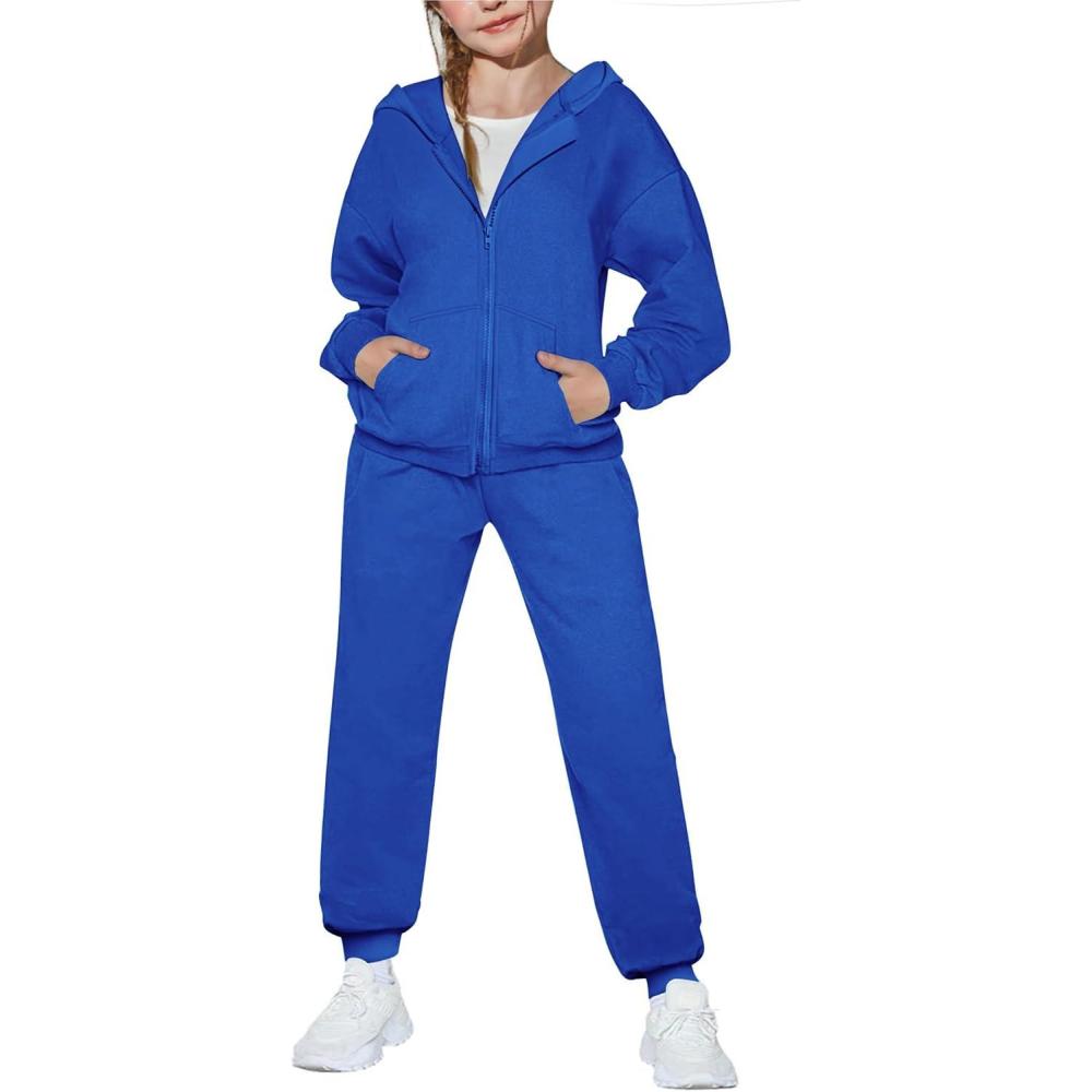 imageArshiner Girls 2 Piece Outfits Jogger Sets Zip Up Hoodie Sweatshirts and Sweatpants with Pockets Tracksuits SweatsuitsRoyal Blue