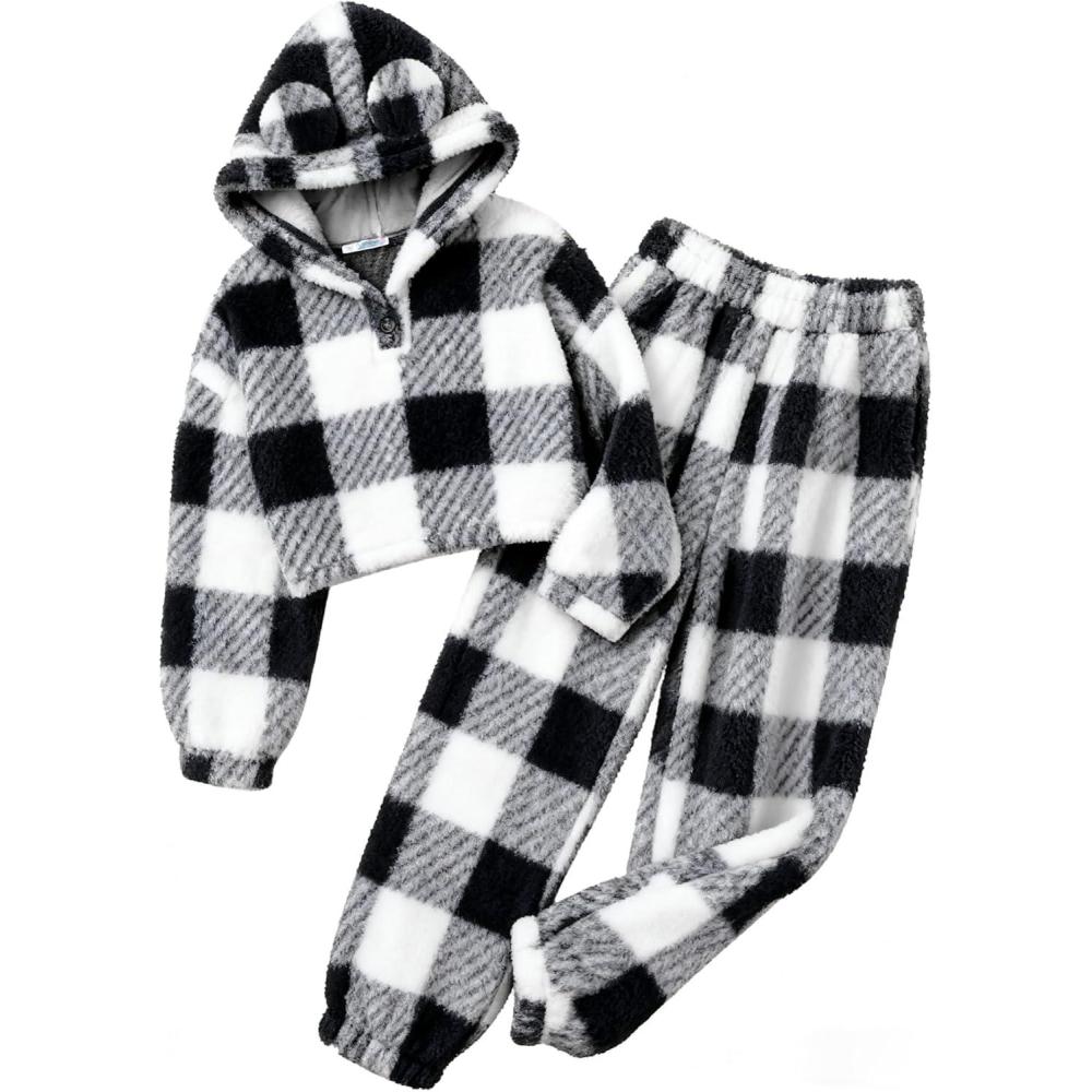 imageArshiner Girls 2 Piece Outfits Sweatsuit Fuzzy Long Sleeve Bear Ear Hoodie Sweatshirt and Sweatpant Kids Clothing SetsBlack Plaid