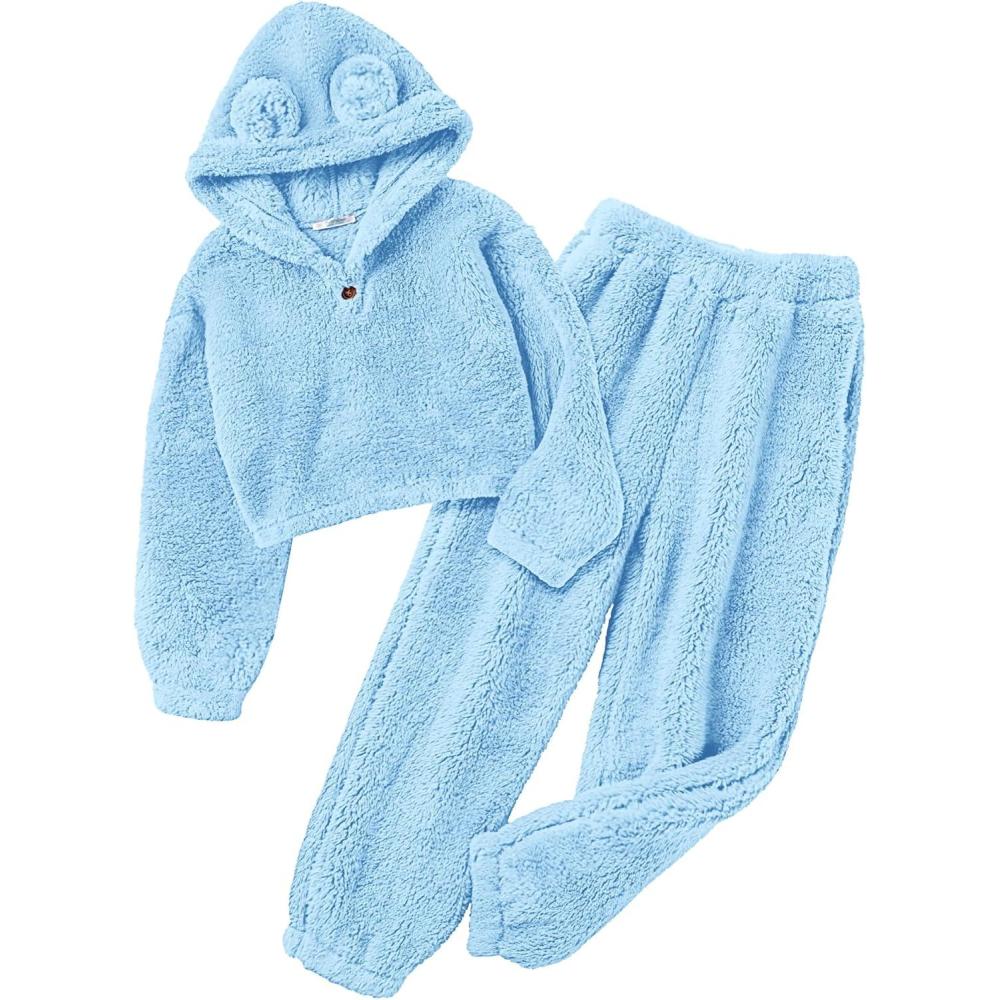 imageArshiner Girls 2 Piece Outfits Sweatsuit Fuzzy Long Sleeve Bear Ear Hoodie Sweatshirt and Sweatpant Kids Clothing SetsBlue