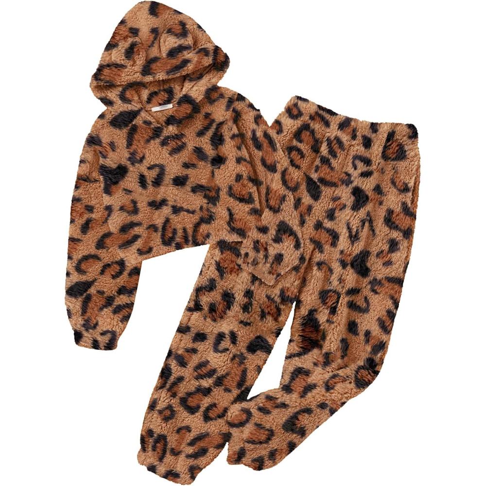 imageArshiner Girls 2 Piece Outfits Sweatsuit Fuzzy Long Sleeve Bear Ear Hoodie Sweatshirt and Sweatpant Kids Clothing SetsBrown Leopard Print