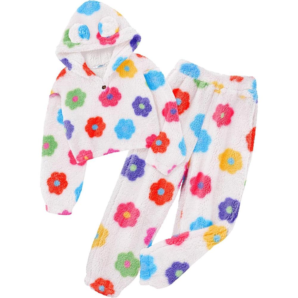 imageArshiner Girls 2 Piece Outfits Sweatsuit Fuzzy Long Sleeve Bear Ear Hoodie Sweatshirt and Sweatpant Kids Clothing SetsFlower Print