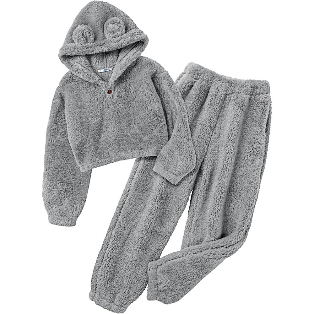 imageArshiner Girls 2 Piece Outfits Sweatsuit Fuzzy Long Sleeve Bear Ear Hoodie Sweatshirt and Sweatpant Kids Clothing SetsLight Grey