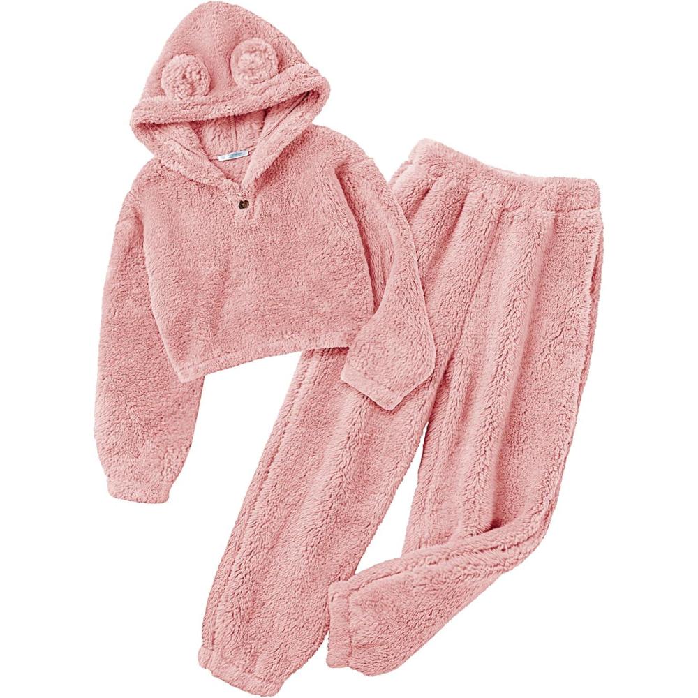 imageArshiner Girls 2 Piece Outfits Sweatsuit Fuzzy Long Sleeve Bear Ear Hoodie Sweatshirt and Sweatpant Kids Clothing SetsLight Pink