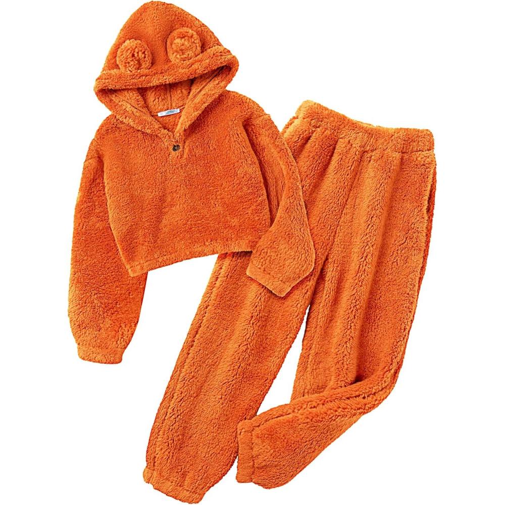 imageArshiner Girls 2 Piece Outfits Sweatsuit Fuzzy Long Sleeve Bear Ear Hoodie Sweatshirt and Sweatpant Kids Clothing SetsOrange