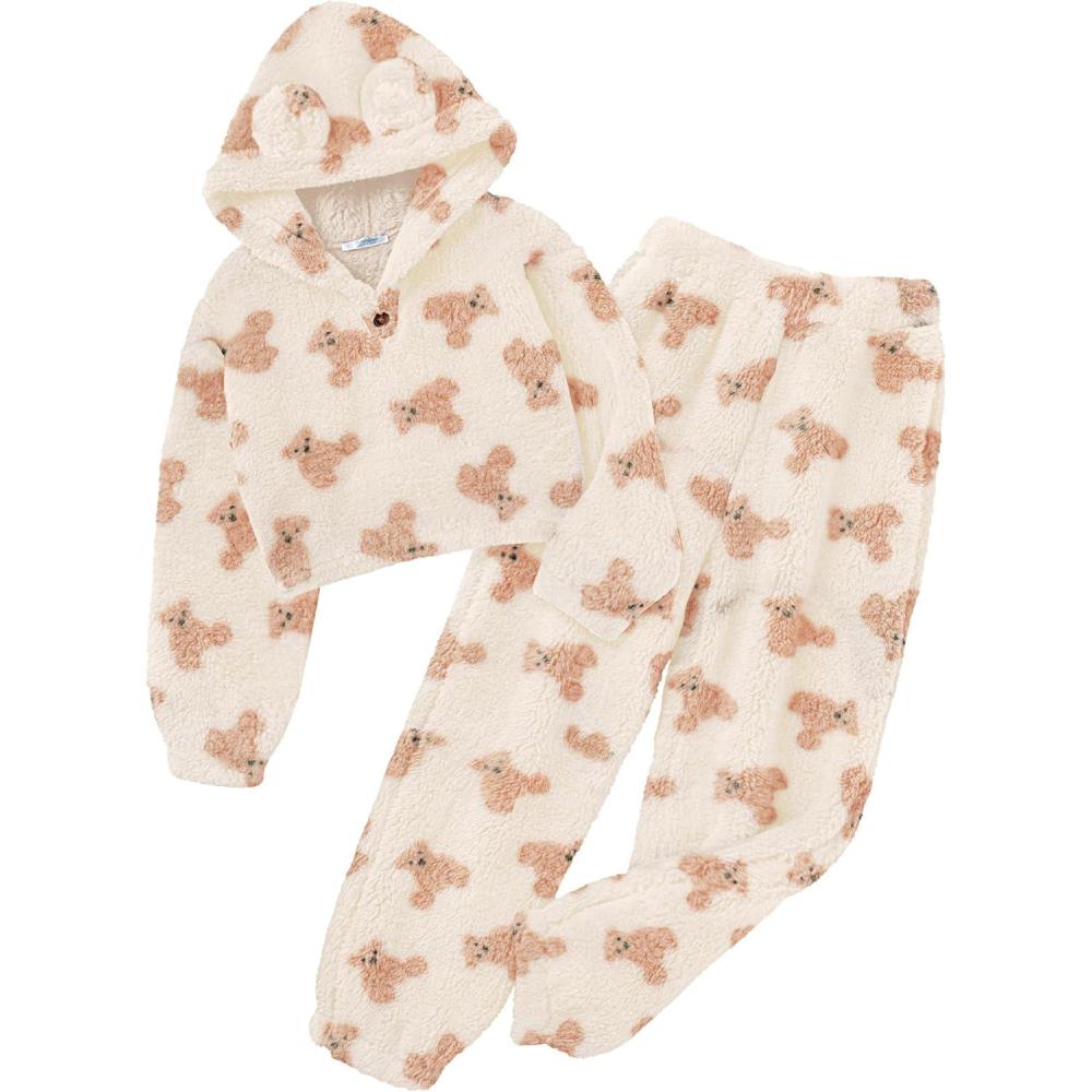 imageArshiner Girls 2 Piece Outfits Sweatsuit Fuzzy Long Sleeve Bear Ear Hoodie Sweatshirt and Sweatpant Kids Clothing SetsTeddy Print