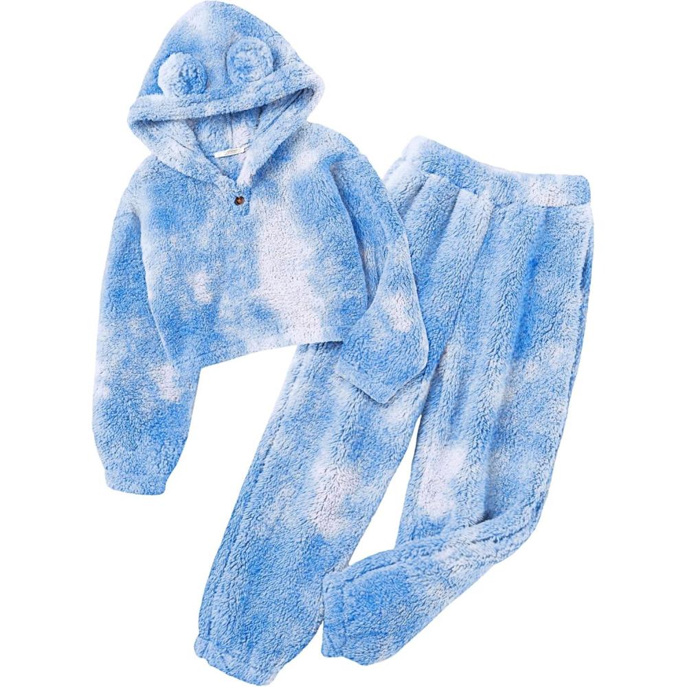 imageArshiner Girls 2 Piece Outfits Sweatsuit Fuzzy Long Sleeve Bear Ear Hoodie Sweatshirt and Sweatpant Kids Clothing SetsTie Dyebluewhite