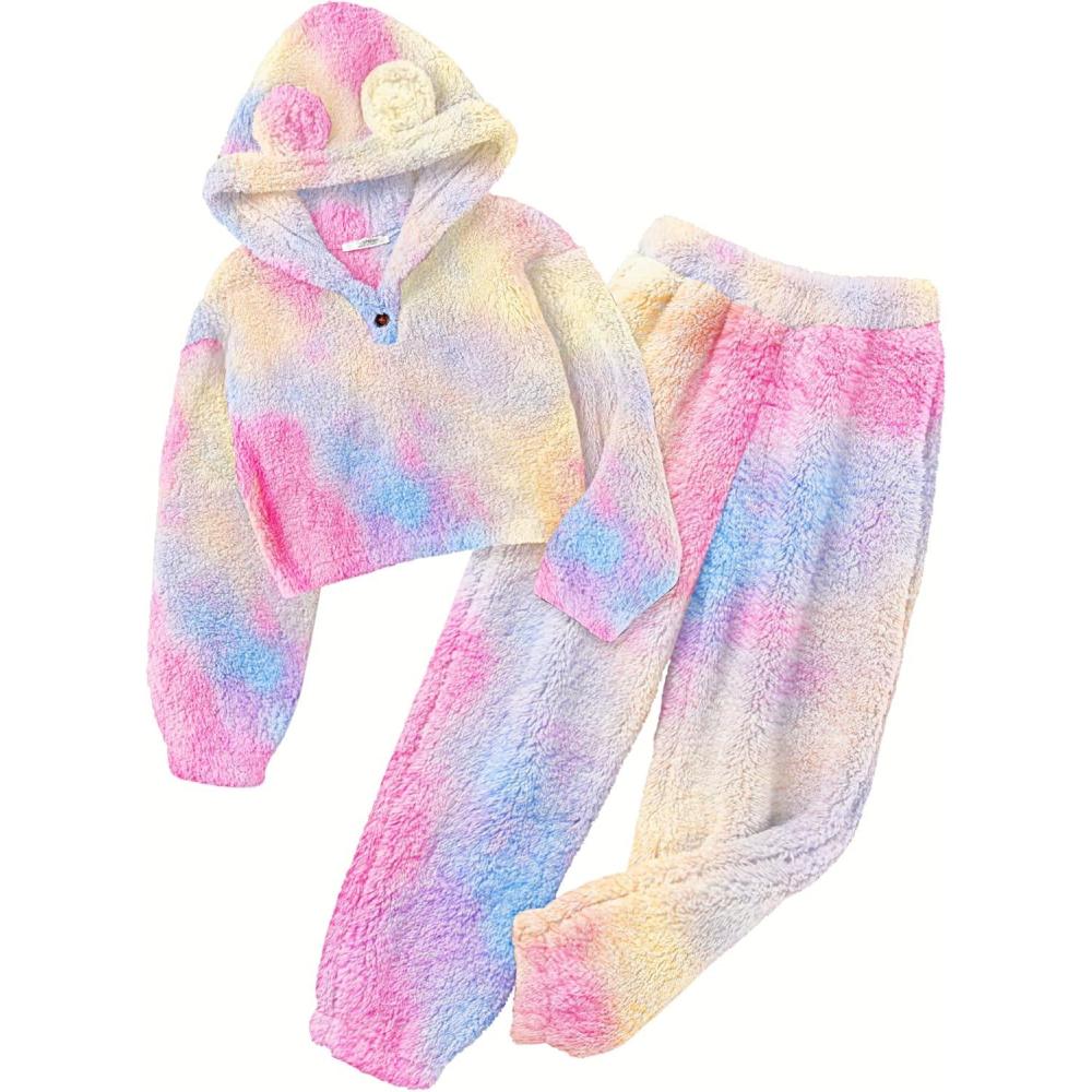 imageArshiner Girls 2 Piece Outfits Sweatsuit Fuzzy Long Sleeve Bear Ear Hoodie Sweatshirt and Sweatpant Kids Clothing SetsTie Dyeblueyellowpink