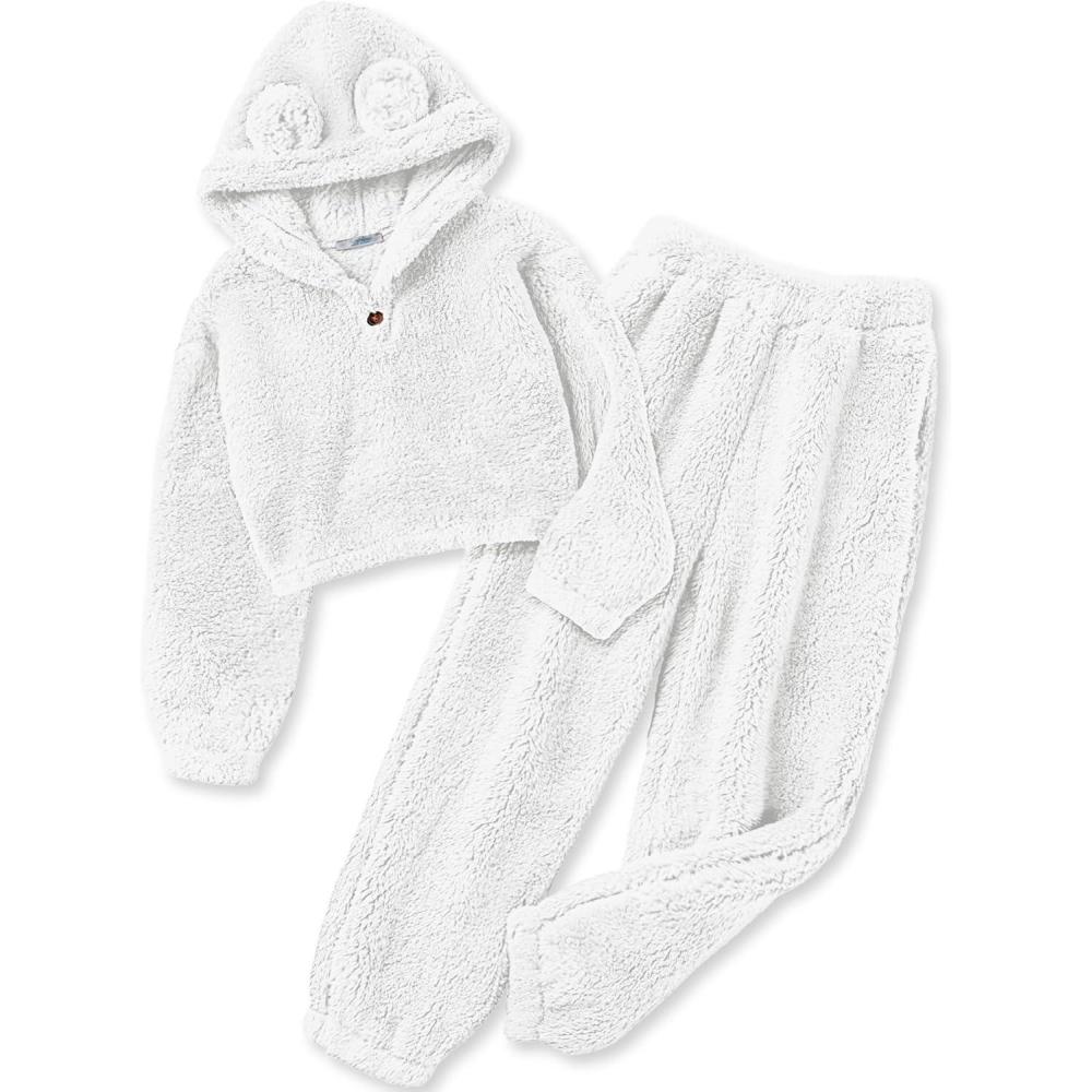 imageArshiner Girls 2 Piece Outfits Sweatsuit Fuzzy Long Sleeve Bear Ear Hoodie Sweatshirt and Sweatpant Kids Clothing SetsWhite