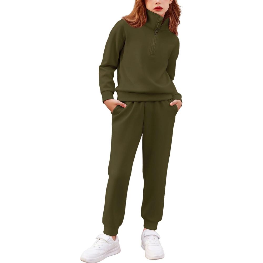 imageArshiner Girls 2 Piece Outfits Sweatsuit Set Half Zip Lapel Collar Long Sleeve Sweatshirt Sweatpant Tracksuit SetsArmy Green