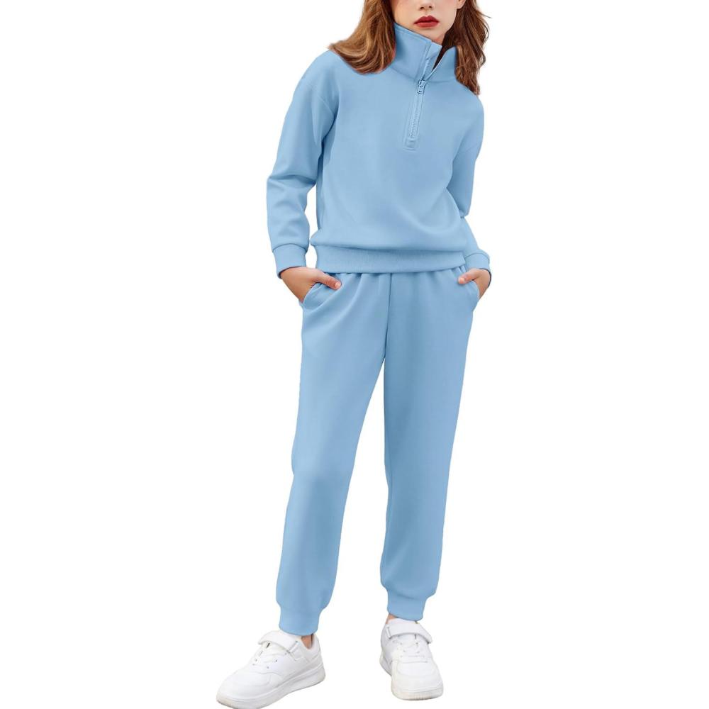 imageArshiner Girls 2 Piece Outfits Sweatsuit Set Half Zip Lapel Collar Long Sleeve Sweatshirt Sweatpant Tracksuit SetsBlue