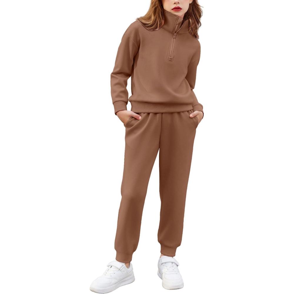 imageArshiner Girls 2 Piece Outfits Sweatsuit Set Half Zip Lapel Collar Long Sleeve Sweatshirt Sweatpant Tracksuit SetsBrown