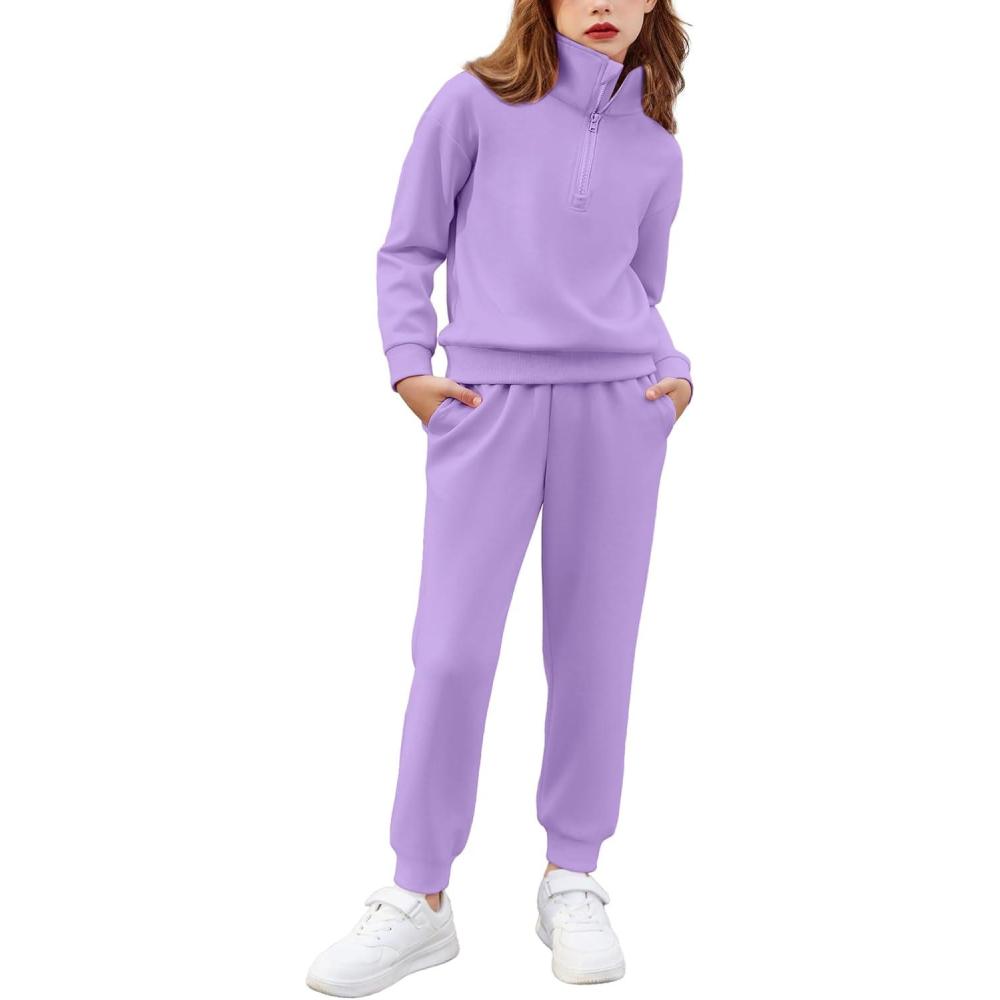 imageArshiner Girls 2 Piece Outfits Sweatsuit Set Half Zip Lapel Collar Long Sleeve Sweatshirt Sweatpant Tracksuit SetsPurple