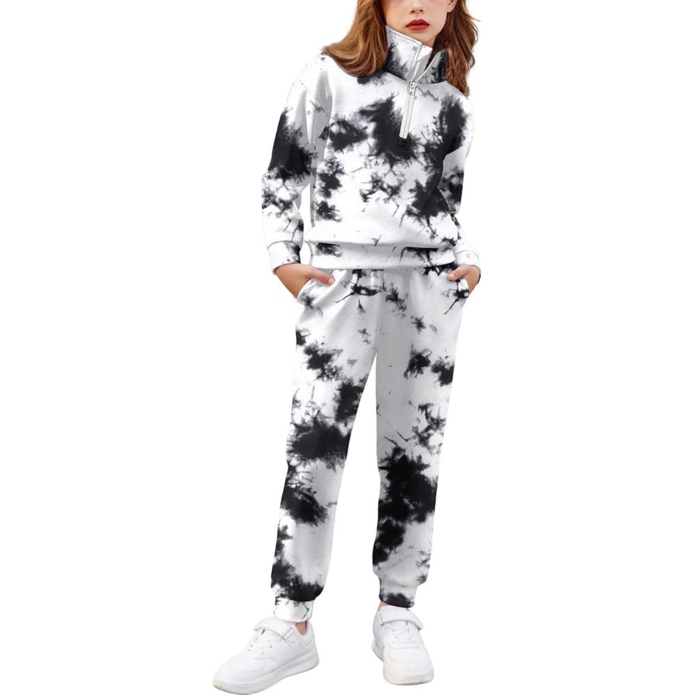imageArshiner Girls 2 Piece Outfits Sweatsuit Set Half Zip Lapel Collar Long Sleeve Sweatshirt Sweatpant Tracksuit SetsWhite Black