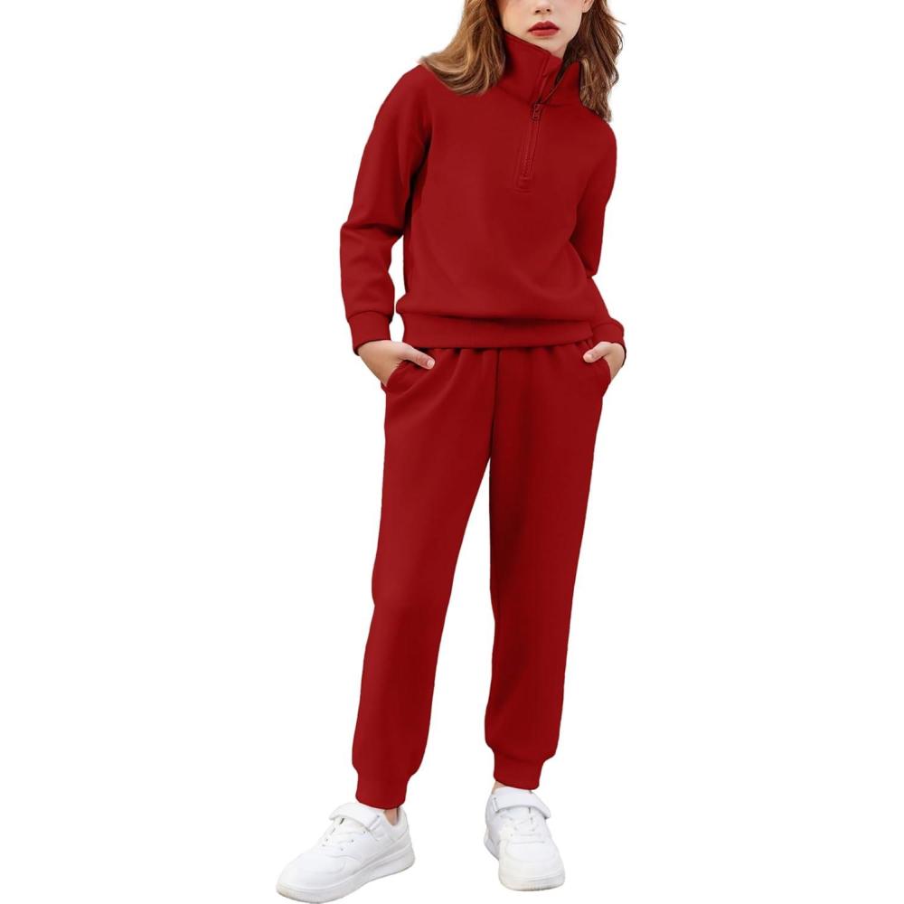 imageArshiner Girls 2 Piece Outfits Sweatsuit Set Half Zip Lapel Collar Long Sleeve Sweatshirt Sweatpant Tracksuit SetsWine Red