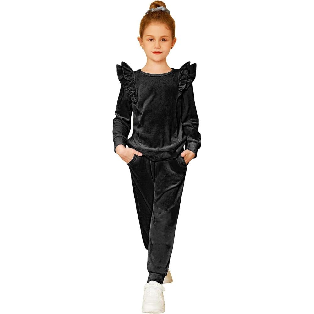 imageArshiner Girls 2 Piece Outfits Velour Tracksuit Cute Clothes Sweatsuit Ruffle Pullover Sweatshirt Sweatpants Clothing SetsBlack