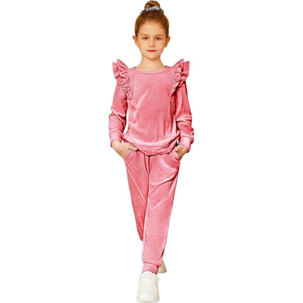imageArshiner Girls 2 Piece Outfits Velour Tracksuit Cute Clothes Sweatsuit Ruffle Pullover Sweatshirt Sweatpants Clothing SetsCoral Pink