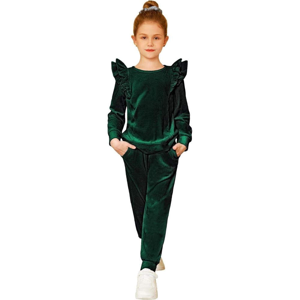 imageArshiner Girls 2 Piece Outfits Velour Tracksuit Cute Clothes Sweatsuit Ruffle Pullover Sweatshirt Sweatpants Clothing SetsDeep Green