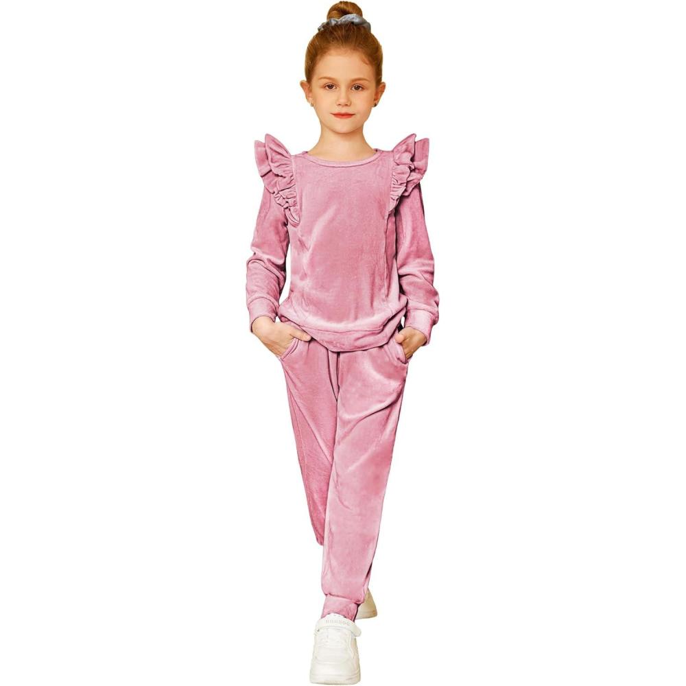imageArshiner Girls 2 Piece Outfits Velour Tracksuit Cute Clothes Sweatsuit Ruffle Pullover Sweatshirt Sweatpants Clothing SetsGrey Purple Red