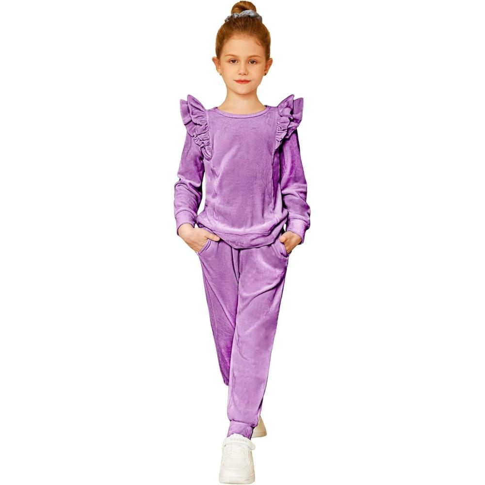 imageArshiner Girls 2 Piece Outfits Velour Tracksuit Cute Clothes Sweatsuit Ruffle Pullover Sweatshirt Sweatpants Clothing SetsLight Purple