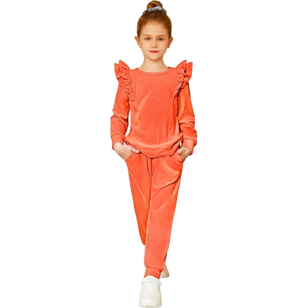 imageArshiner Girls 2 Piece Outfits Velour Tracksuit Cute Clothes Sweatsuit Ruffle Pullover Sweatshirt Sweatpants Clothing SetsOrange