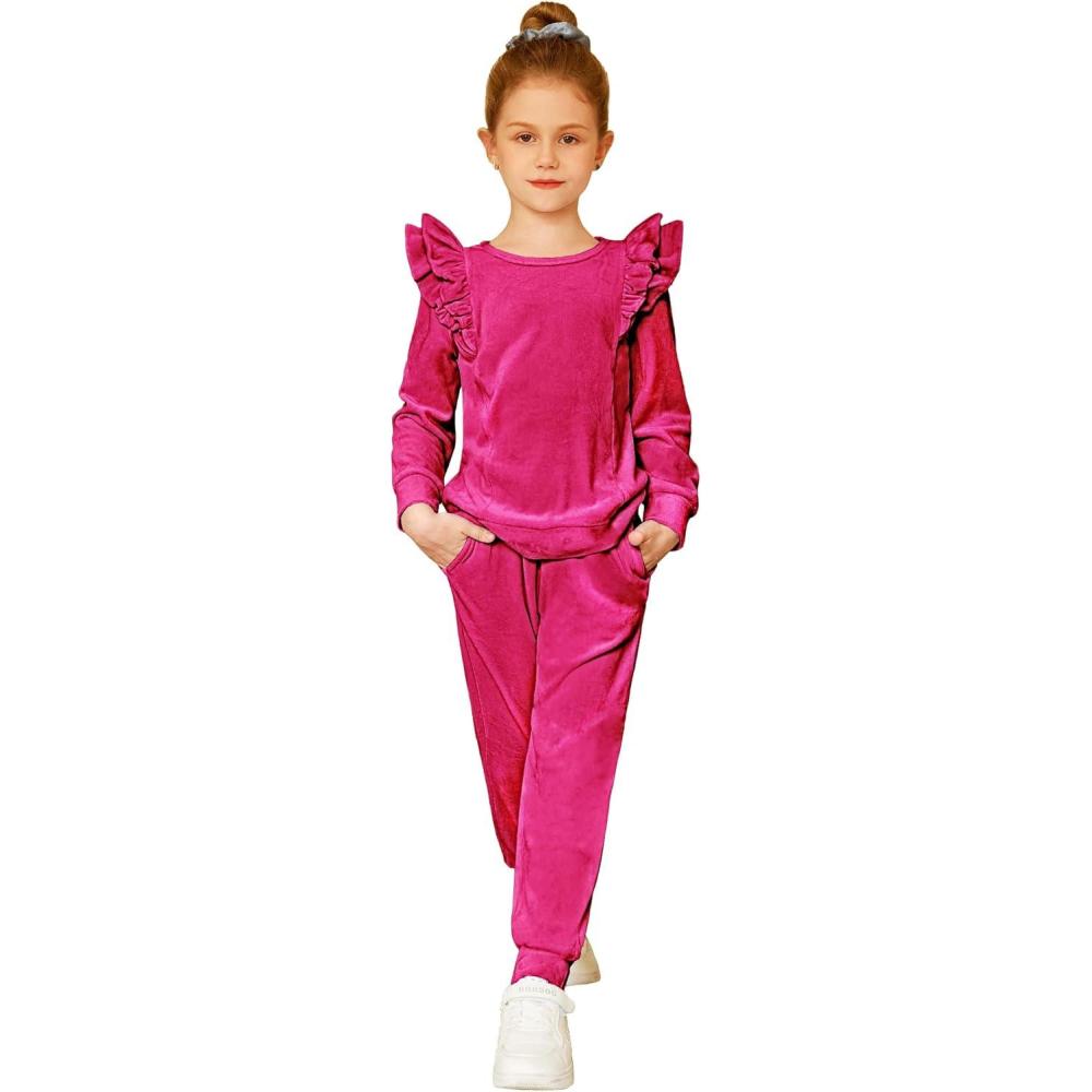 imageArshiner Girls 2 Piece Outfits Velour Tracksuit Cute Clothes Sweatsuit Ruffle Pullover Sweatshirt Sweatpants Clothing SetsRose Red