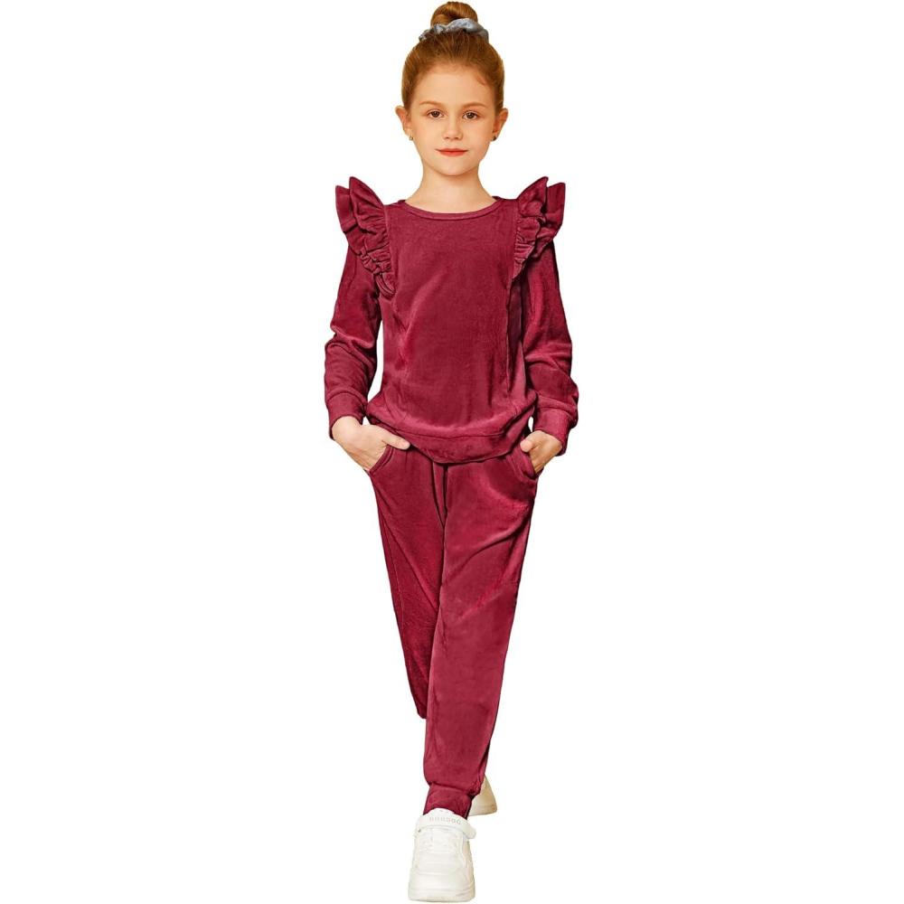 imageArshiner Girls 2 Piece Outfits Velour Tracksuit Cute Clothes Sweatsuit Ruffle Pullover Sweatshirt Sweatpants Clothing SetsWine Red