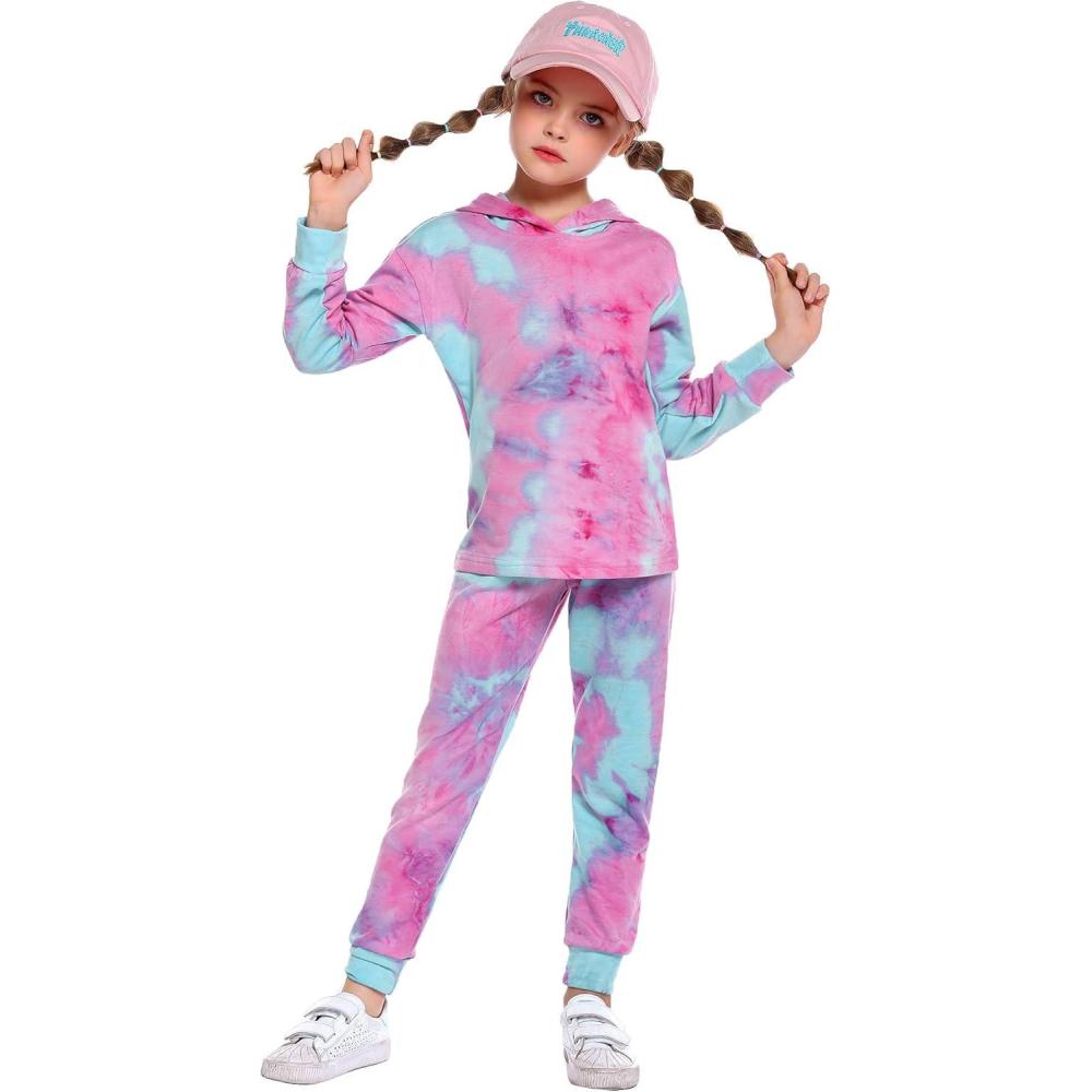 imageArshiner Girls 2 Piece Tiedye Pullover Hooded Sweatshirt Set Sweatsuits and SweatpantsApinkblue