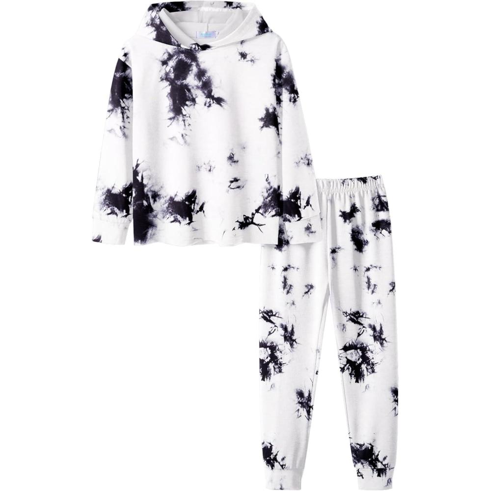 imageArshiner Girls 2 Piece Tiedye Pullover Hooded Sweatshirt Set Sweatsuits and SweatpantsBlack White