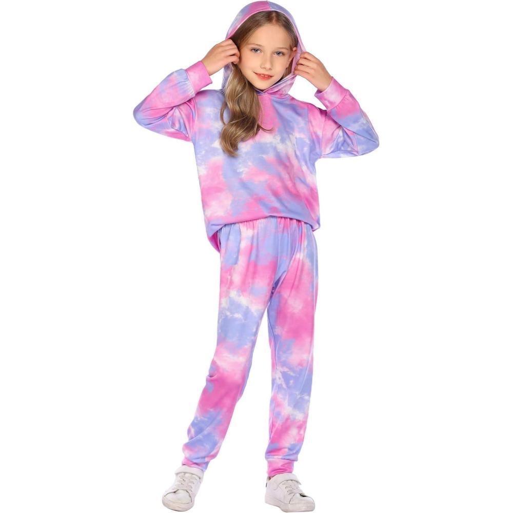imageArshiner Girls 2 Piece Tiedye Pullover Hooded Sweatshirt Set Sweatsuits and SweatpantsBlue Pink