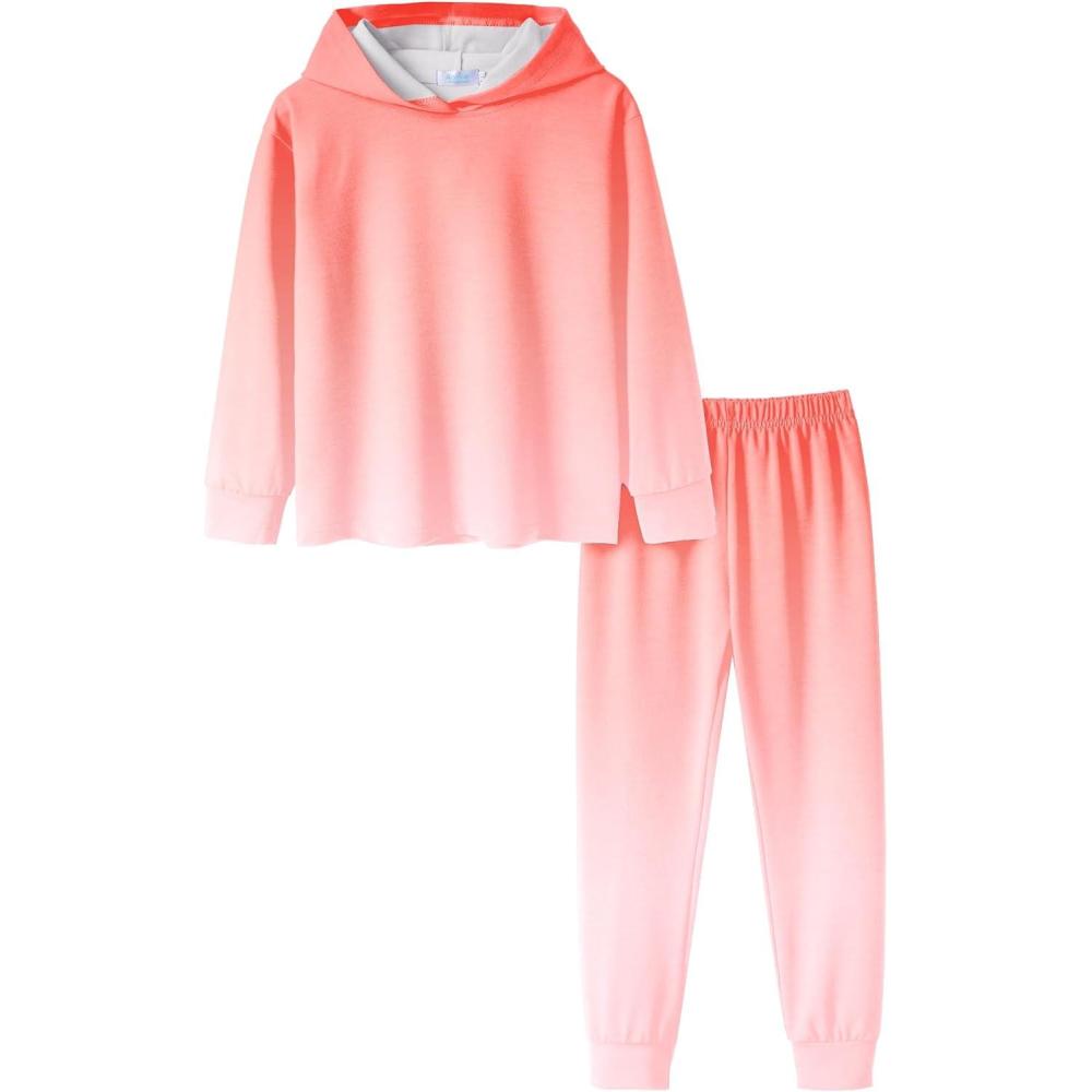 imageArshiner Girls 2 Piece Tiedye Pullover Hooded Sweatshirt Set Sweatsuits and SweatpantsGradient Coral White