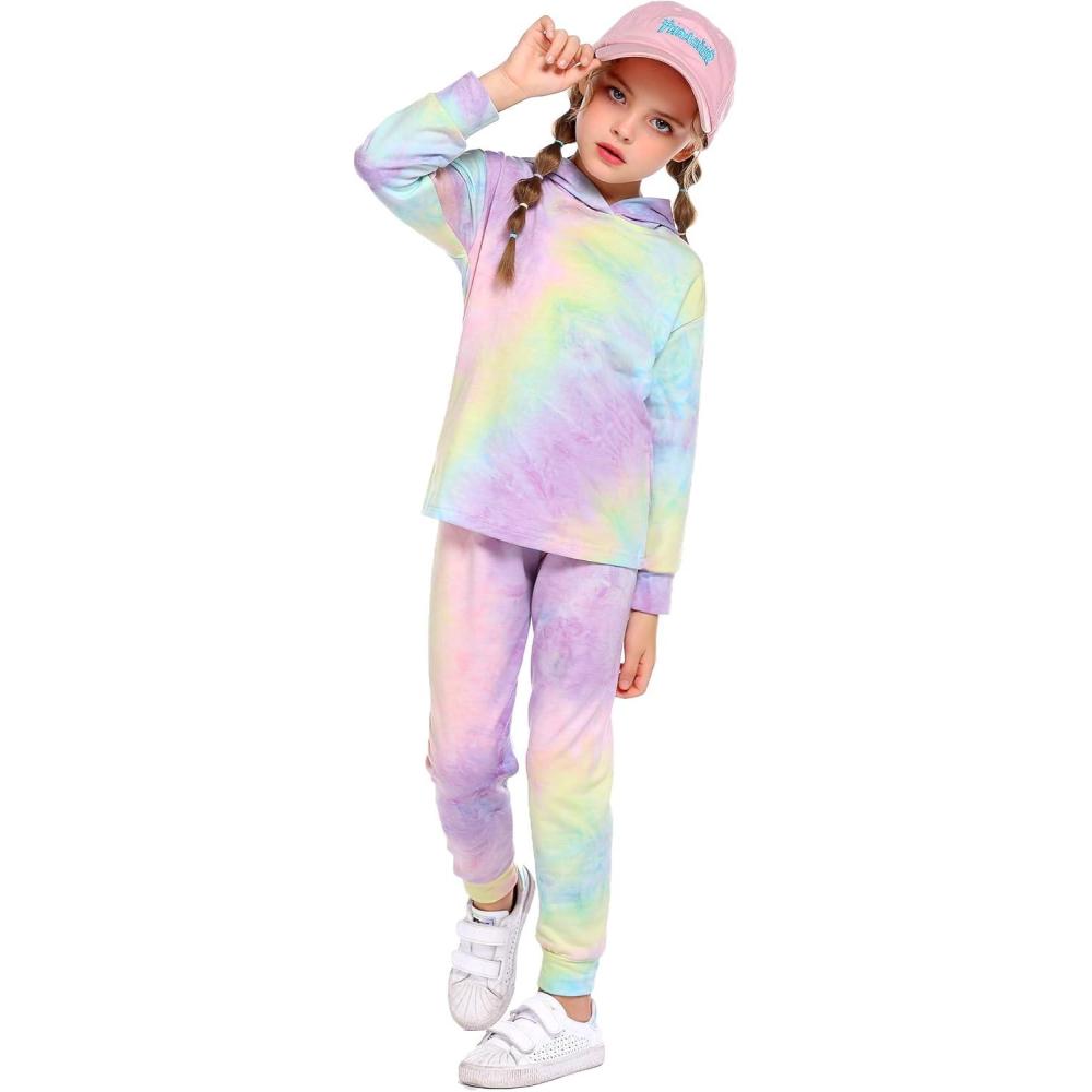 imageArshiner Girls 2 Piece Tiedye Pullover Hooded Sweatshirt Set Sweatsuits and SweatpantsPurpleblue