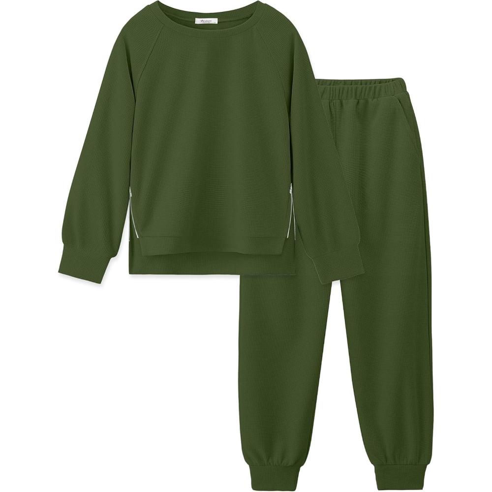 imageArshiner Girls 2 Piece Tracksuit Set Long Sleeve Grid Pullover Top with Jogger Pants Kids Outfits for 514 YearsArmy Green