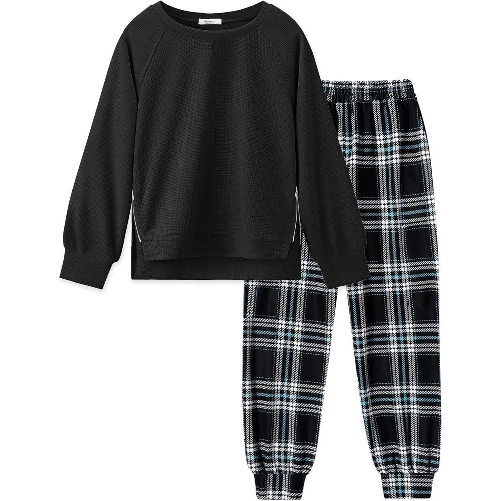 imageArshiner Girls 2 Piece Tracksuit Set Long Sleeve Grid Pullover Top with Jogger Pants Kids Outfits for 514 YearsBlack Plaid