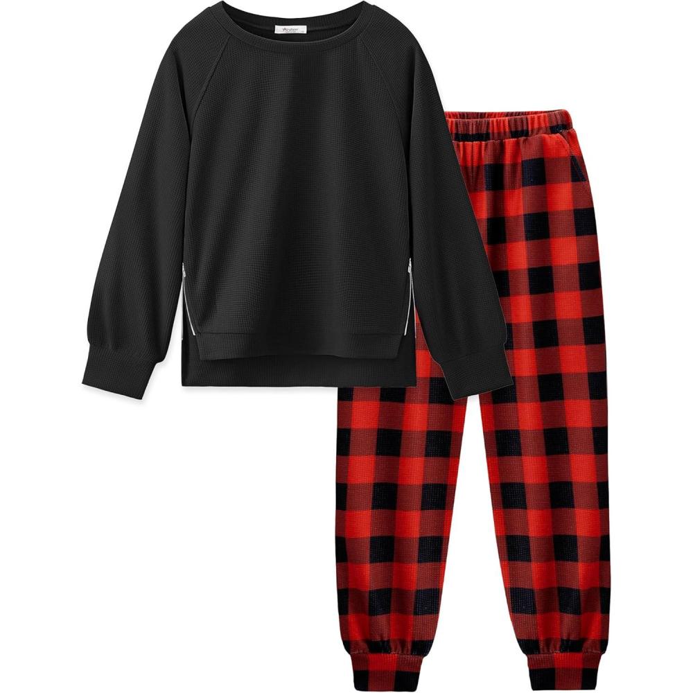 imageArshiner Girls 2 Piece Tracksuit Set Long Sleeve Grid Pullover Top with Jogger Pants Kids Outfits for 514 YearsBlack Red Plaid