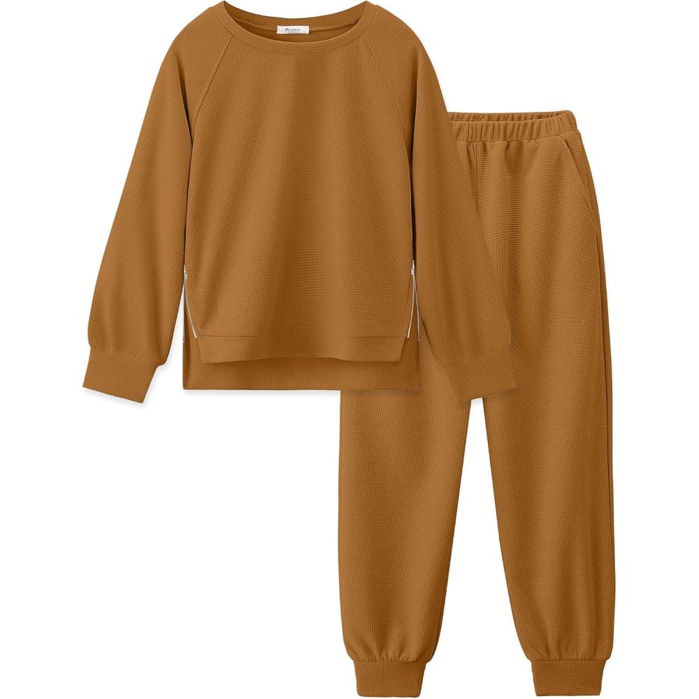 imageArshiner Girls 2 Piece Tracksuit Set Long Sleeve Grid Pullover Top with Jogger Pants Kids Outfits for 514 YearsBrown