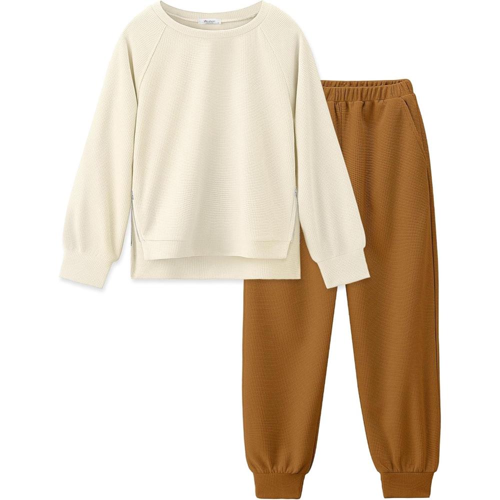 imageArshiner Girls 2 Piece Tracksuit Set Long Sleeve Grid Pullover Top with Jogger Pants Kids Outfits for 514 YearsLetter