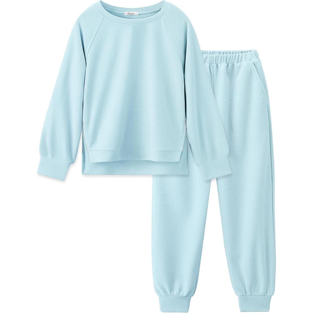 imageArshiner Girls 2 Piece Tracksuit Set Long Sleeve Grid Pullover Top with Jogger Pants Kids Outfits for 514 YearsLight Blue