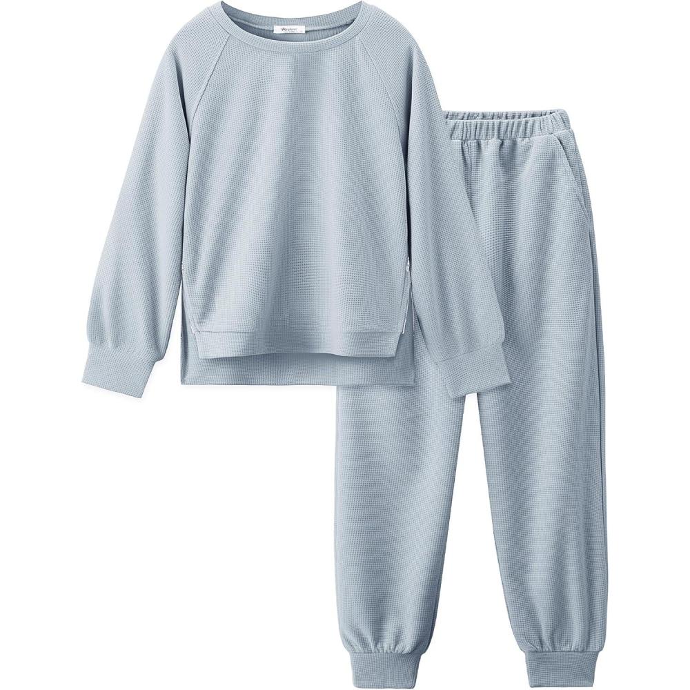 imageArshiner Girls 2 Piece Tracksuit Set Long Sleeve Grid Pullover Top with Jogger Pants Kids Outfits for 514 YearsLight Grey