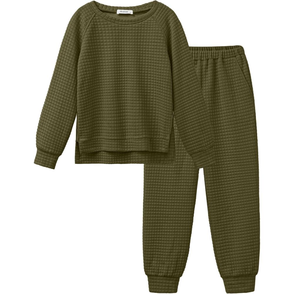 imageArshiner Girls 2 Piece Tracksuit Set Long Sleeve Grid Pullover Top with Jogger Pants Kids Outfits for 514 YearsNewarmy Green
