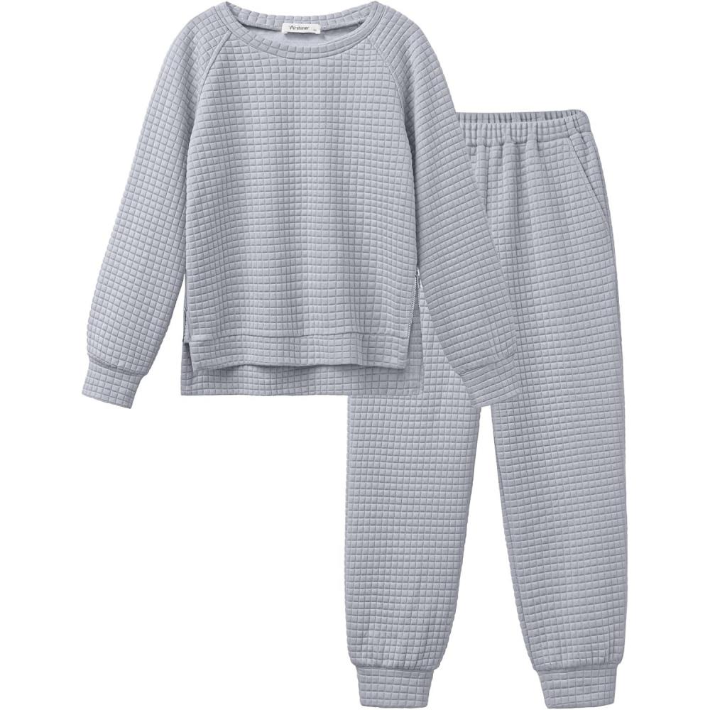 imageArshiner Girls 2 Piece Tracksuit Set Long Sleeve Grid Pullover Top with Jogger Pants Kids Outfits for 514 YearsNewlight Grey