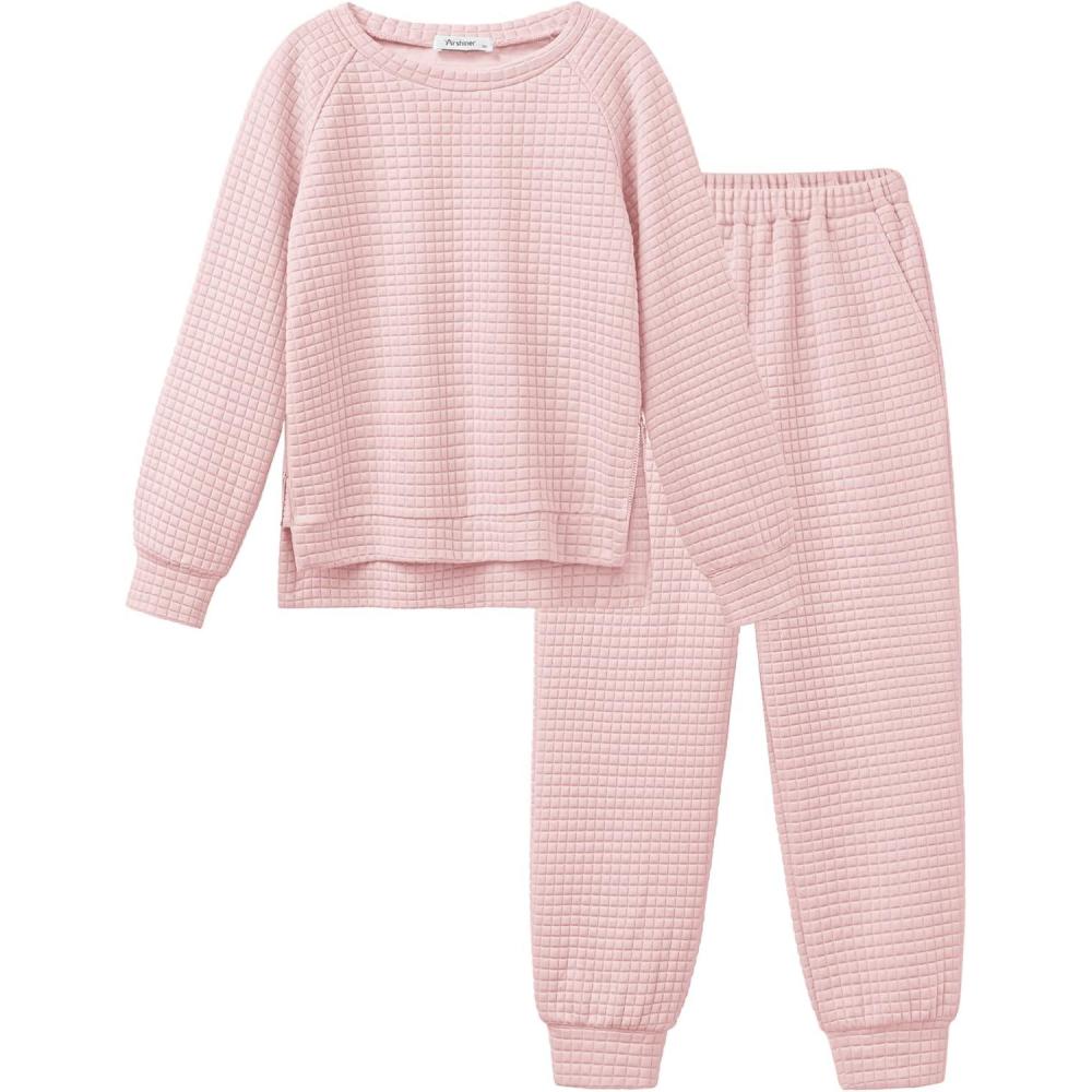 imageArshiner Girls 2 Piece Tracksuit Set Long Sleeve Grid Pullover Top with Jogger Pants Kids Outfits for 514 YearsNewlight Pink